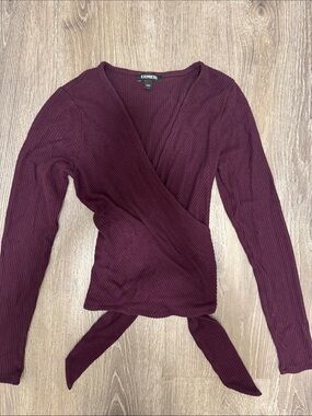 Express Long Sleeve Wrap Top in Burgundy